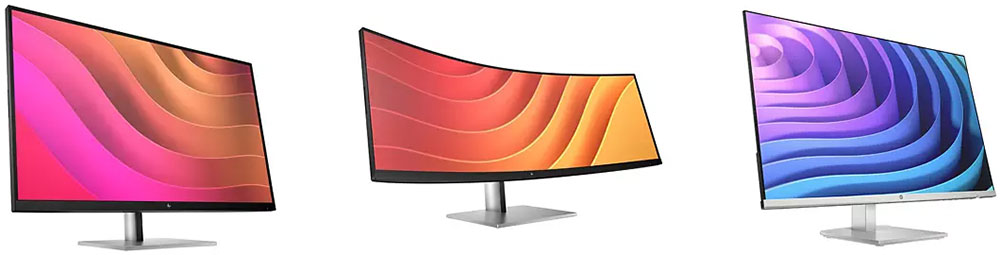 HP Monitors, left to right are the E-Series G5, E45c Curved, M-Series FHD