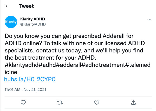Klarity ADHD Tweet advertising get Adderall for ADHD prescribed online